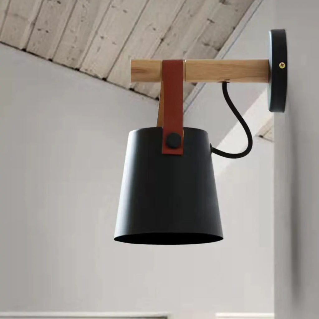 Modern Wall Sconce Wood and Metal with Leather Strap