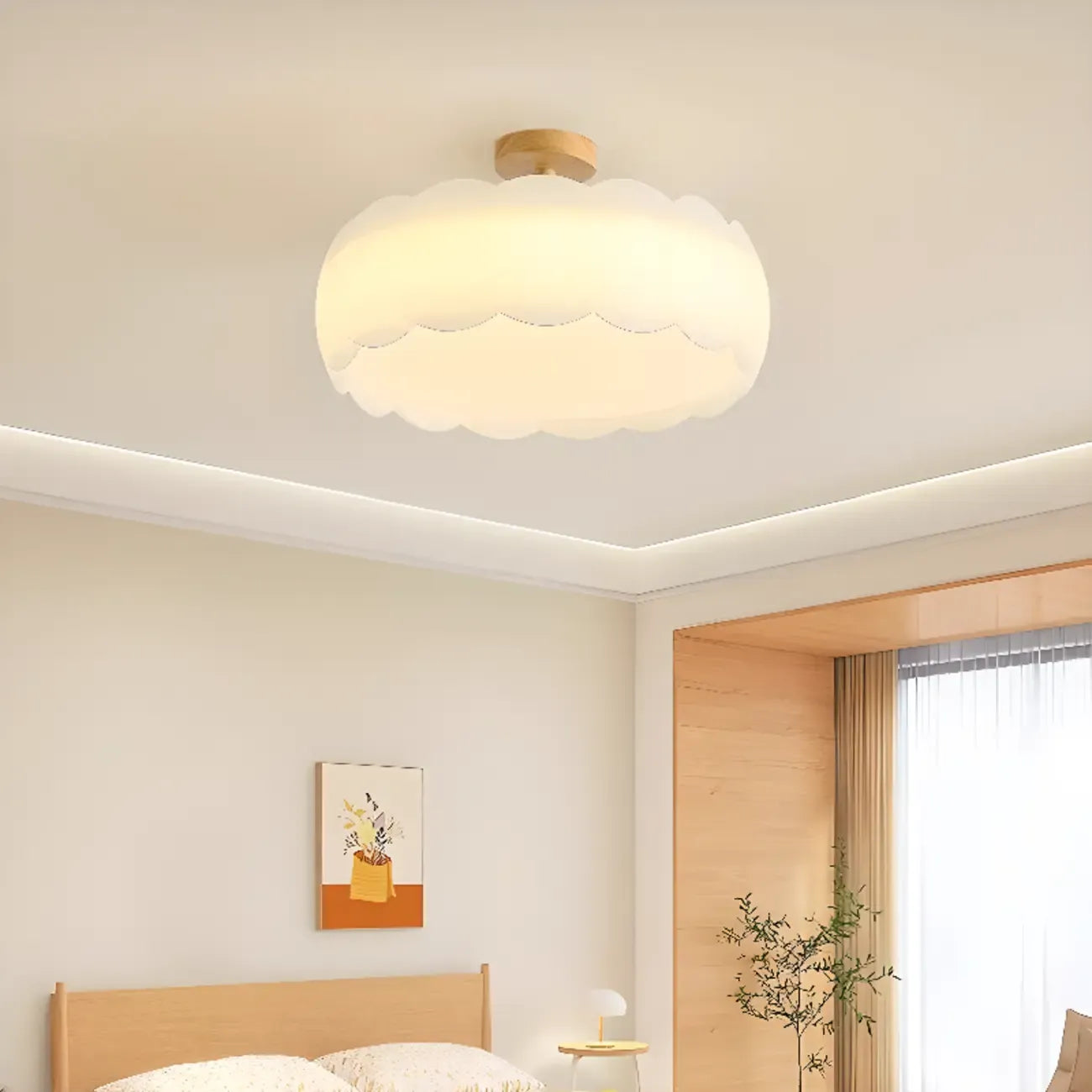 8 Elegant LED Semi Flush Ceiling Light in Natural Finish