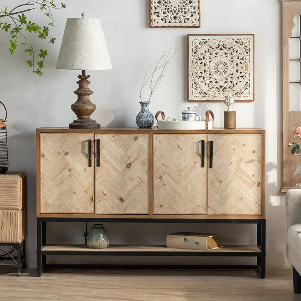 Rustic Natural Finish Cabinet with Exterior Shelf & Barn Door