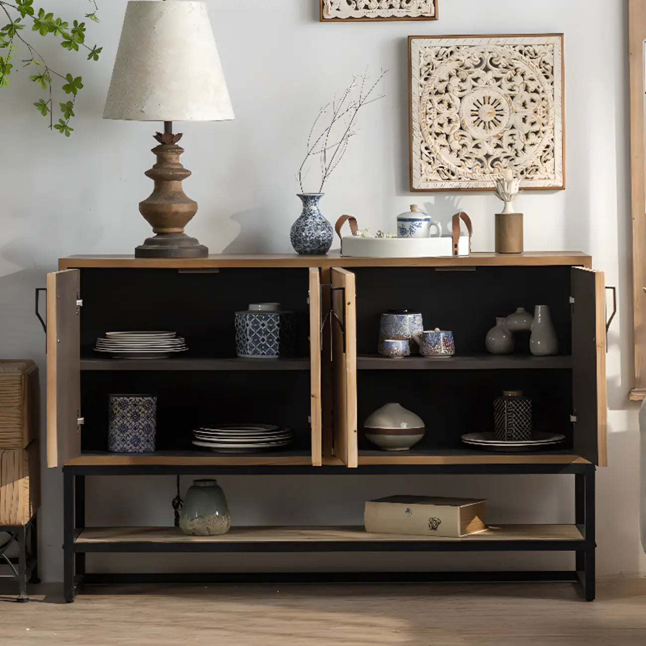Rustic Natural Finish Cabinet with Exterior Shelf & Barn Door