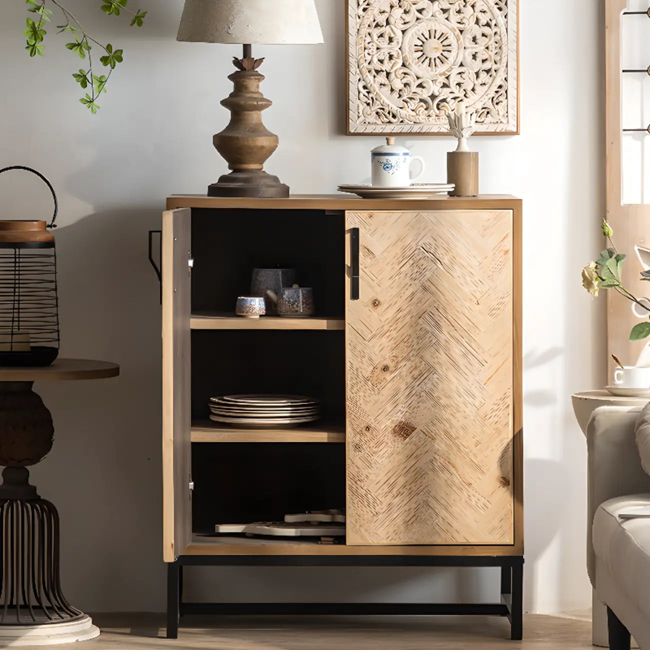 Rustic Natural Finish Cabinet with Exterior Shelf & Barn Door