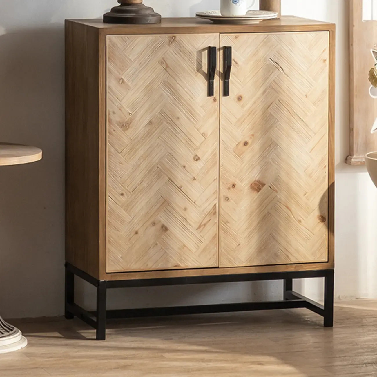 Rustic Natural Finish Cabinet with Exterior Shelf & Barn Door