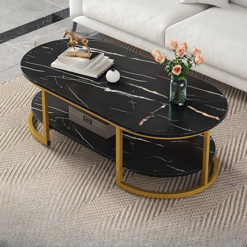 White Wood Oval Shelves Storage Sled Coffee Table