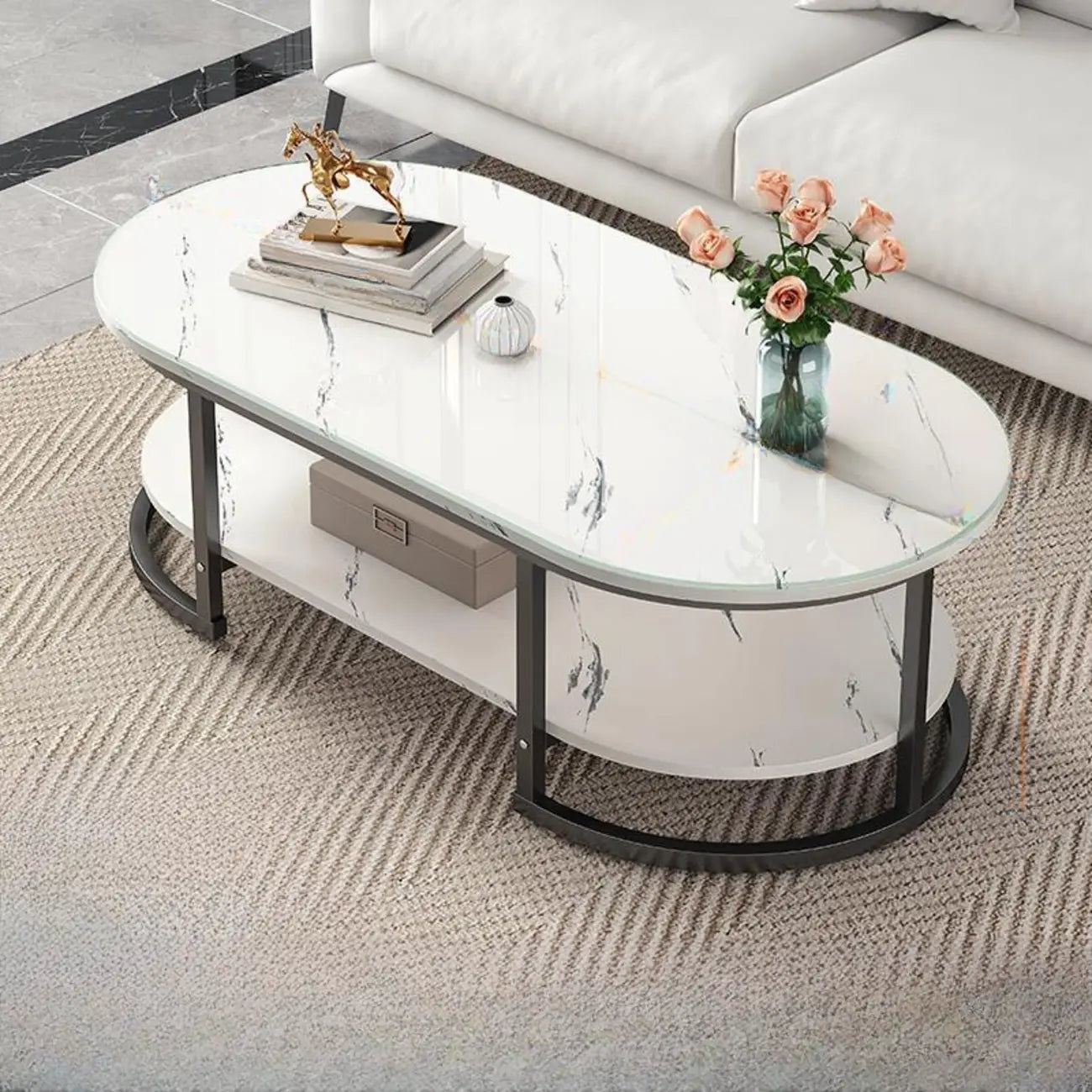 White Wood Oval Shelves Storage Sled Coffee Table