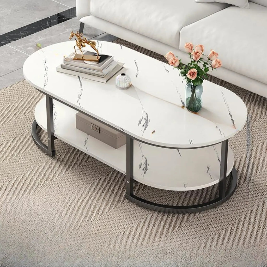 White Wood Oval Shelves Storage Sled Coffee Table
