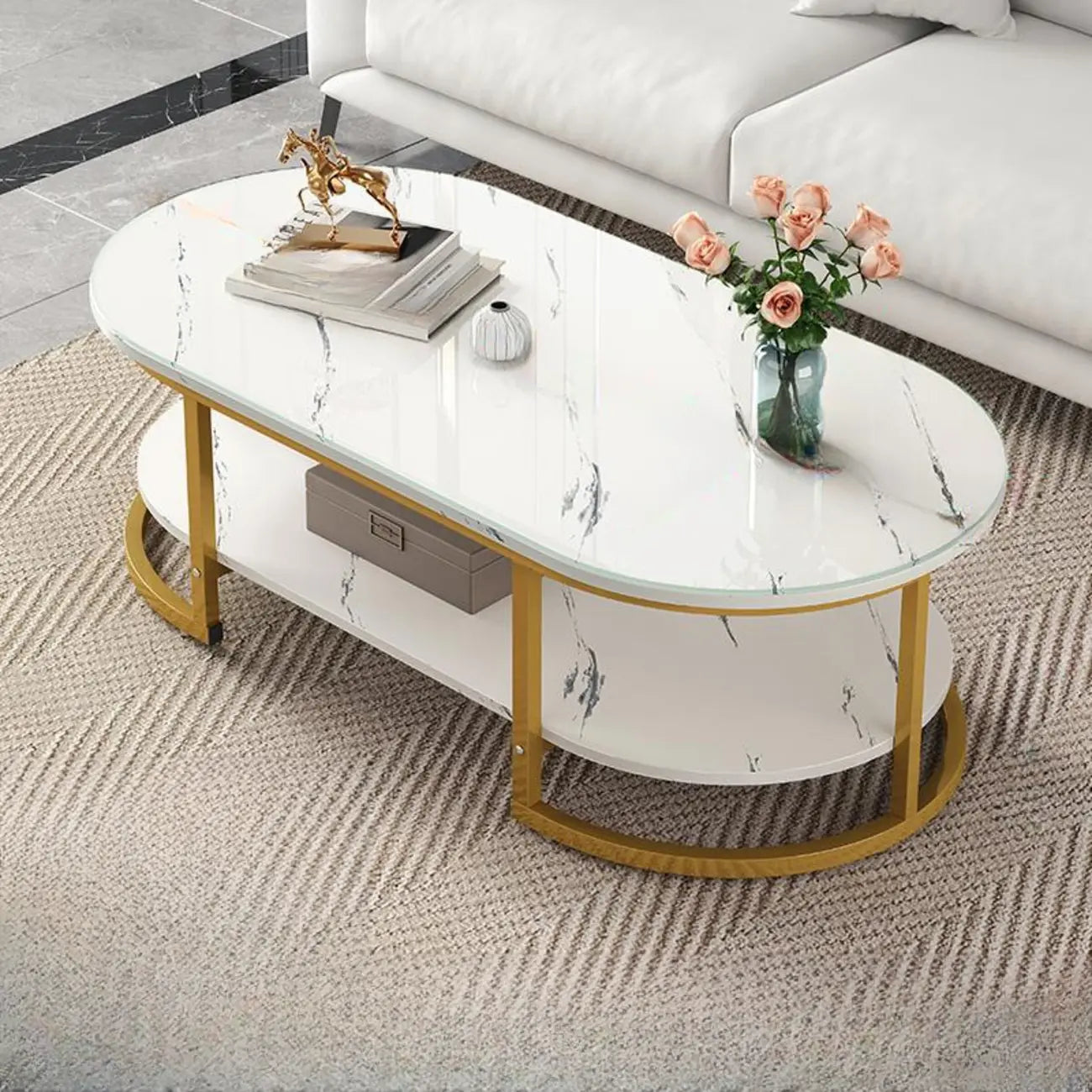 White Wood Oval Shelves Storage Sled Coffee Table