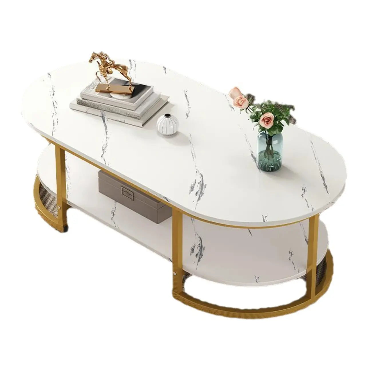 White Wood Oval Shelves Storage Sled Coffee Table