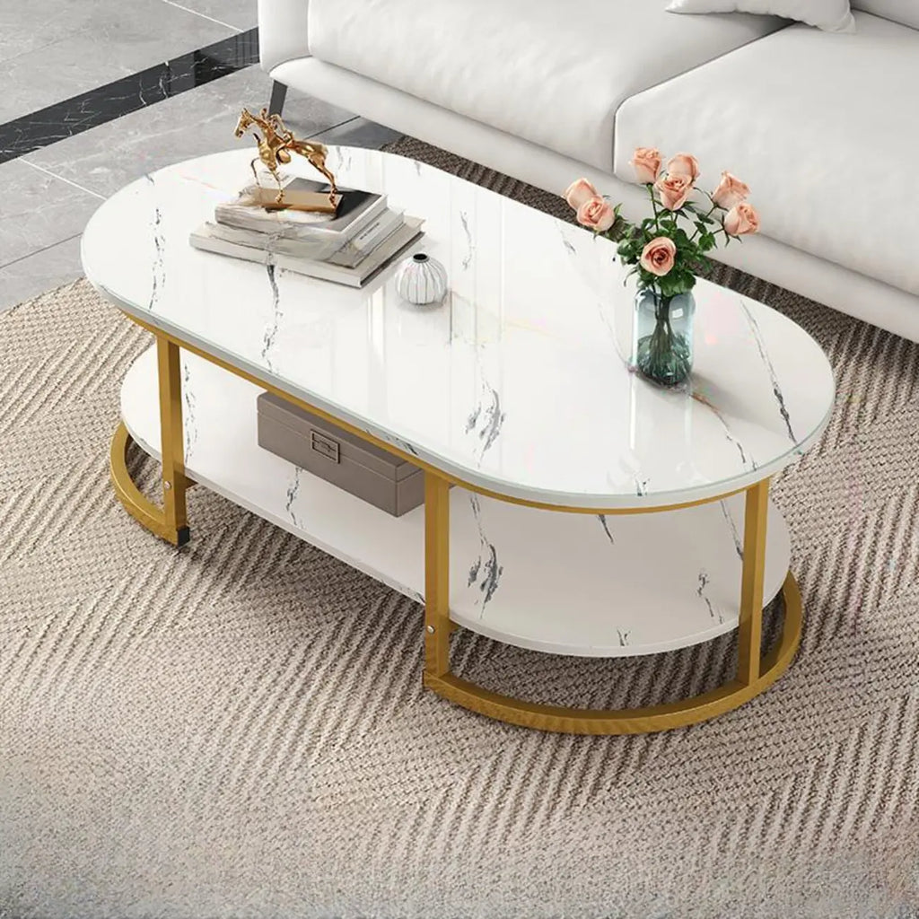 White Wood Oval Shelves Storage Sled Coffee Table