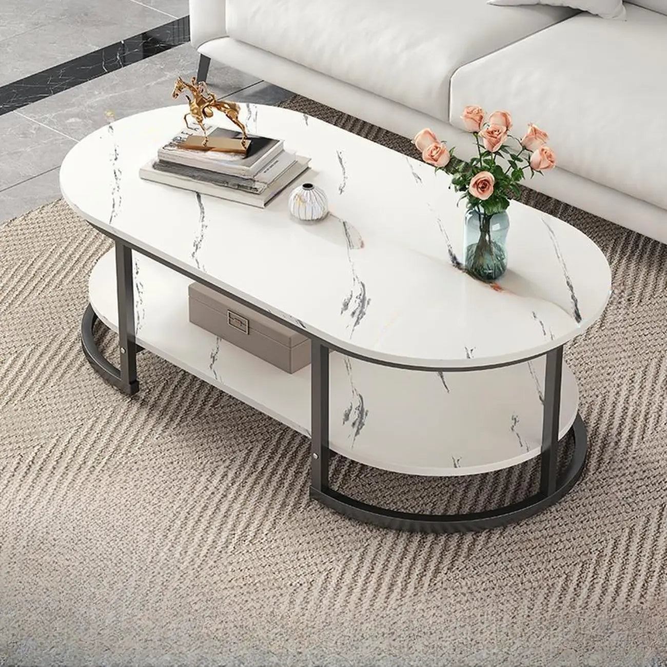 White Wood Oval Shelves Storage Sled Coffee Table