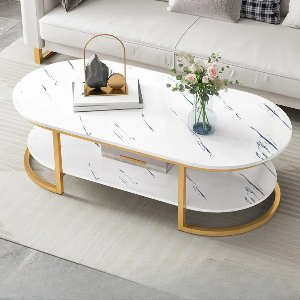 White Wood Oval Shelves Storage Sled Coffee Table