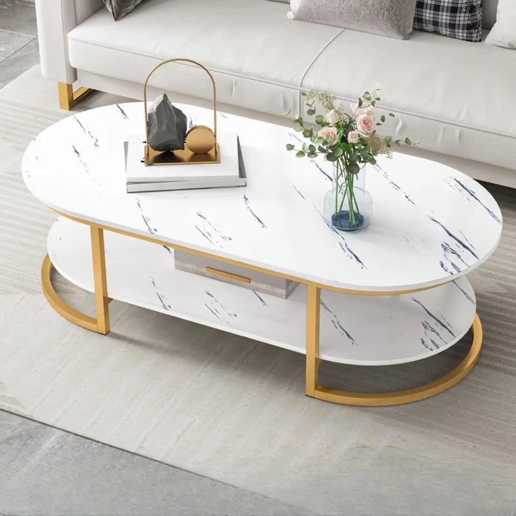 White Wood Oval Shelves Storage Sled Coffee Table