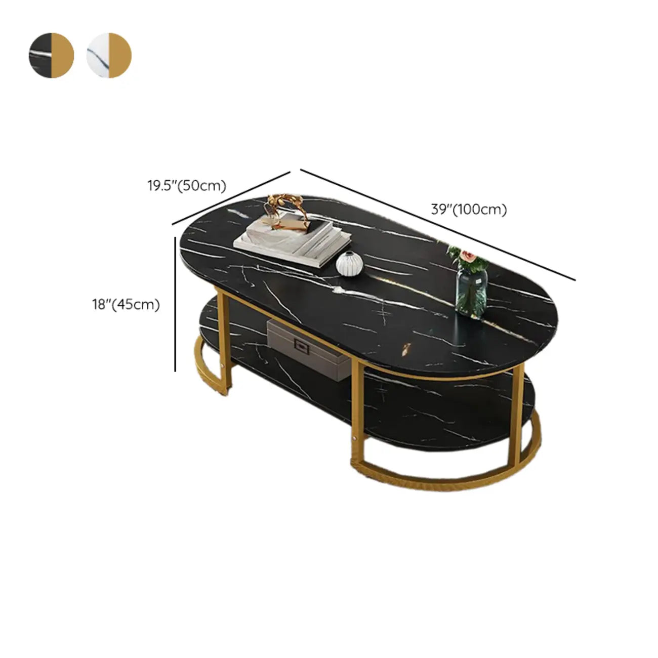 White Wood Oval Shelves Storage Sled Coffee Table