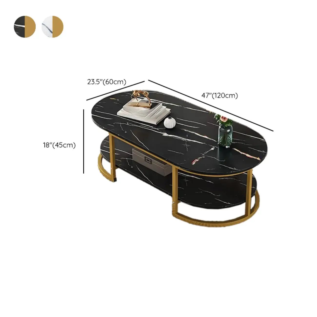 White Wood Oval Shelves Storage Sled Coffee Table