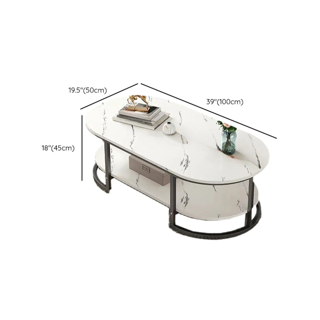 White Wood Oval Shelves Storage Sled Coffee Table