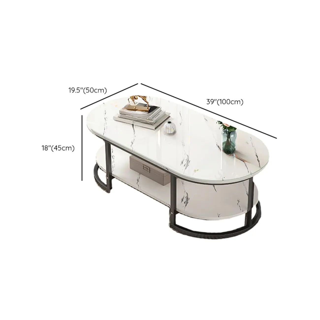 White Wood Oval Shelves Storage Sled Coffee Table