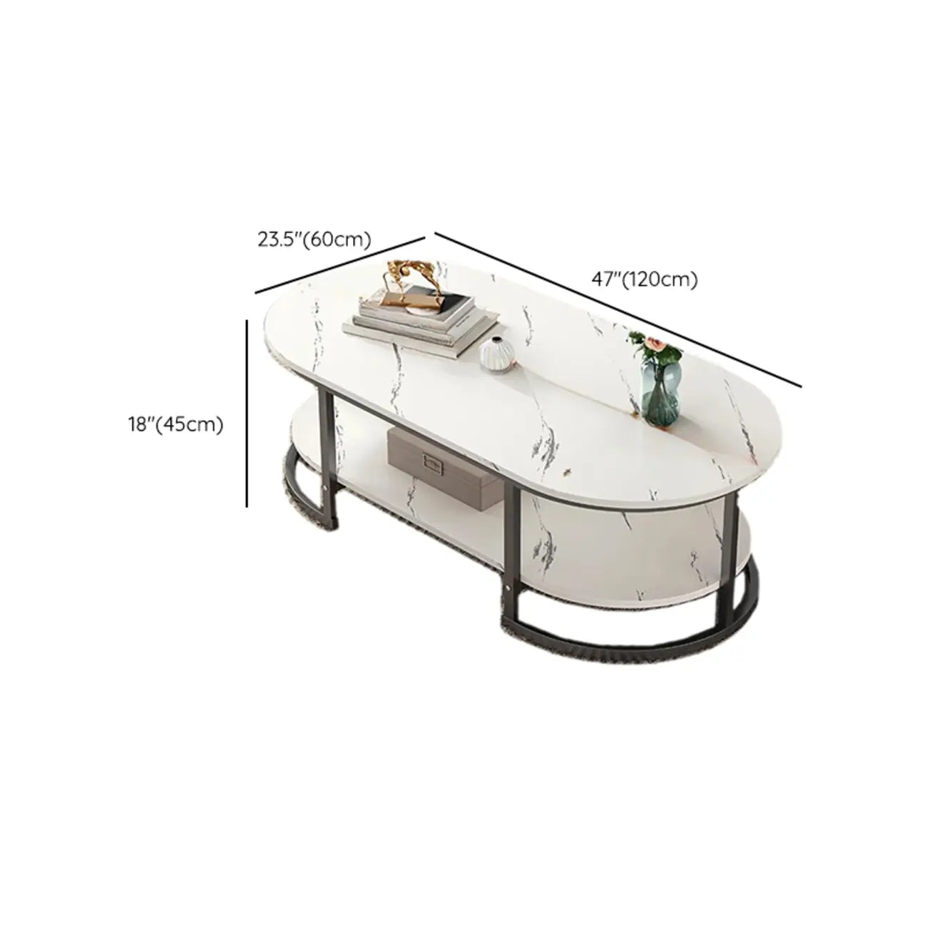 White Wood Oval Shelves Storage Sled Coffee Table