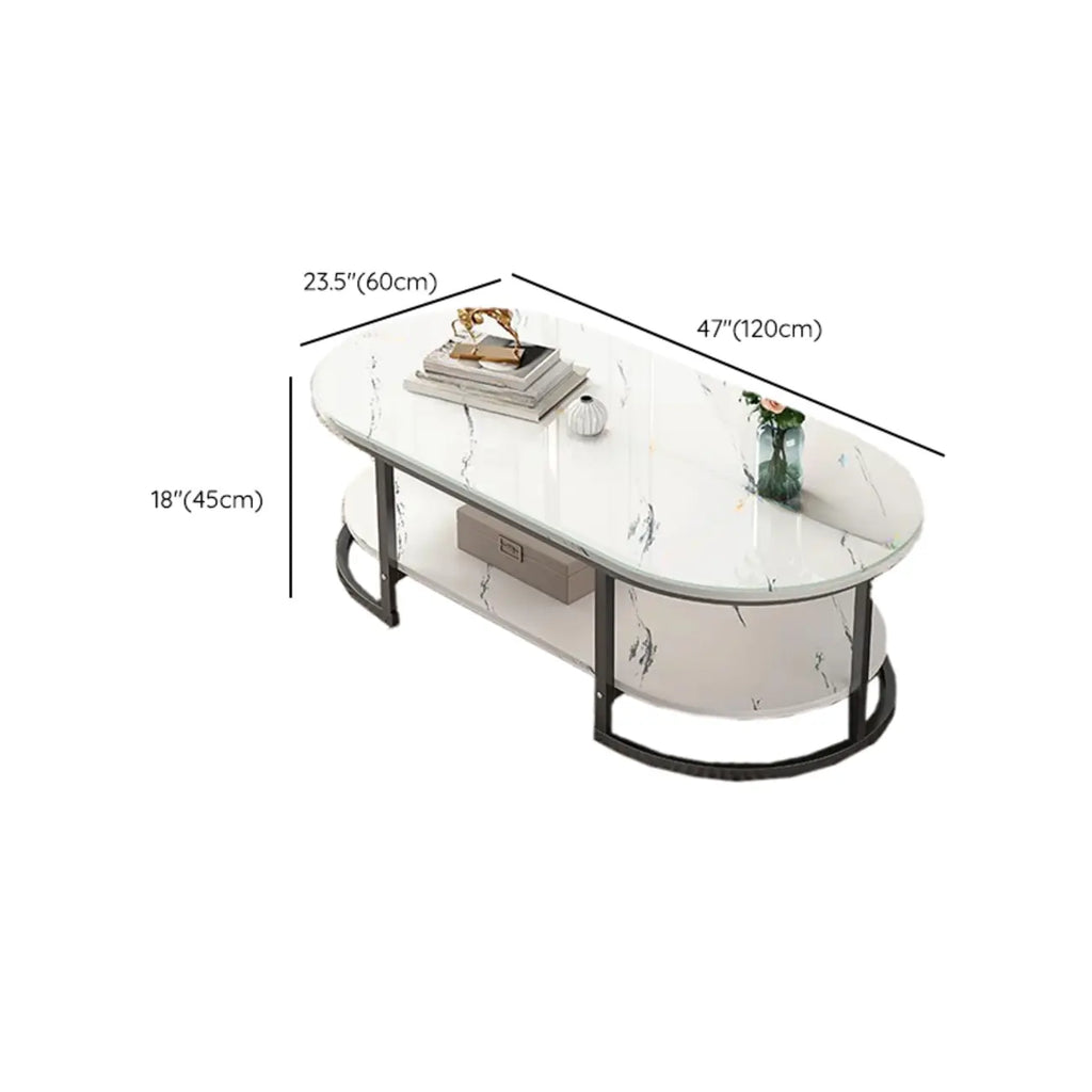 White Wood Oval Shelves Storage Sled Coffee Table