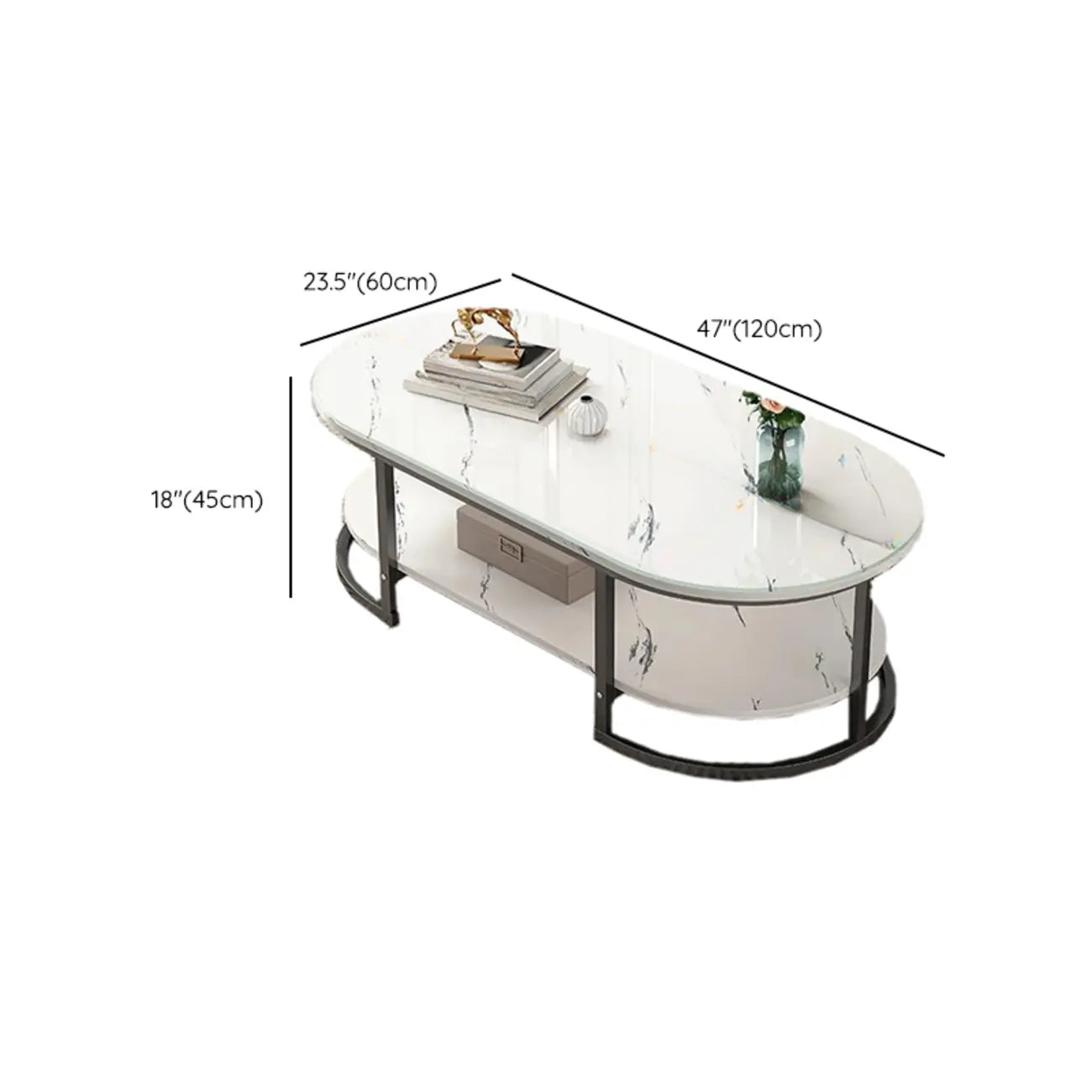 White Wood Oval Shelves Storage Sled Coffee Table