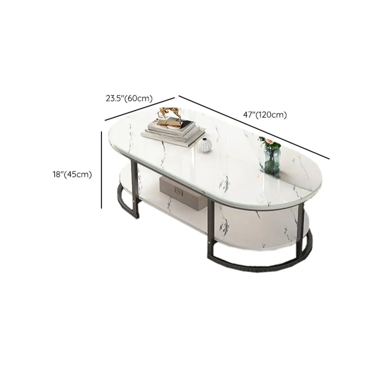 White Wood Oval Shelves Storage Sled Coffee Table