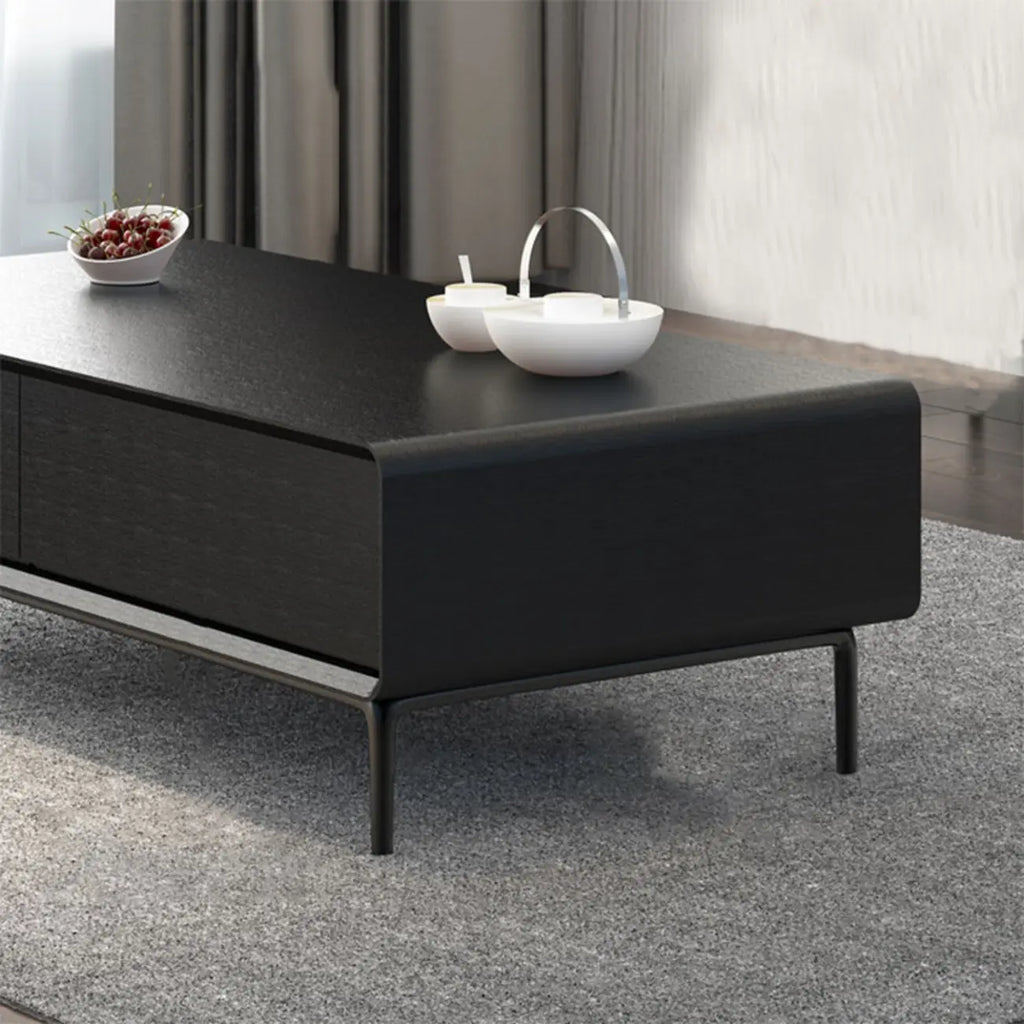Modern Minimalist Wood Black Coffee Table with Drawers & Legs