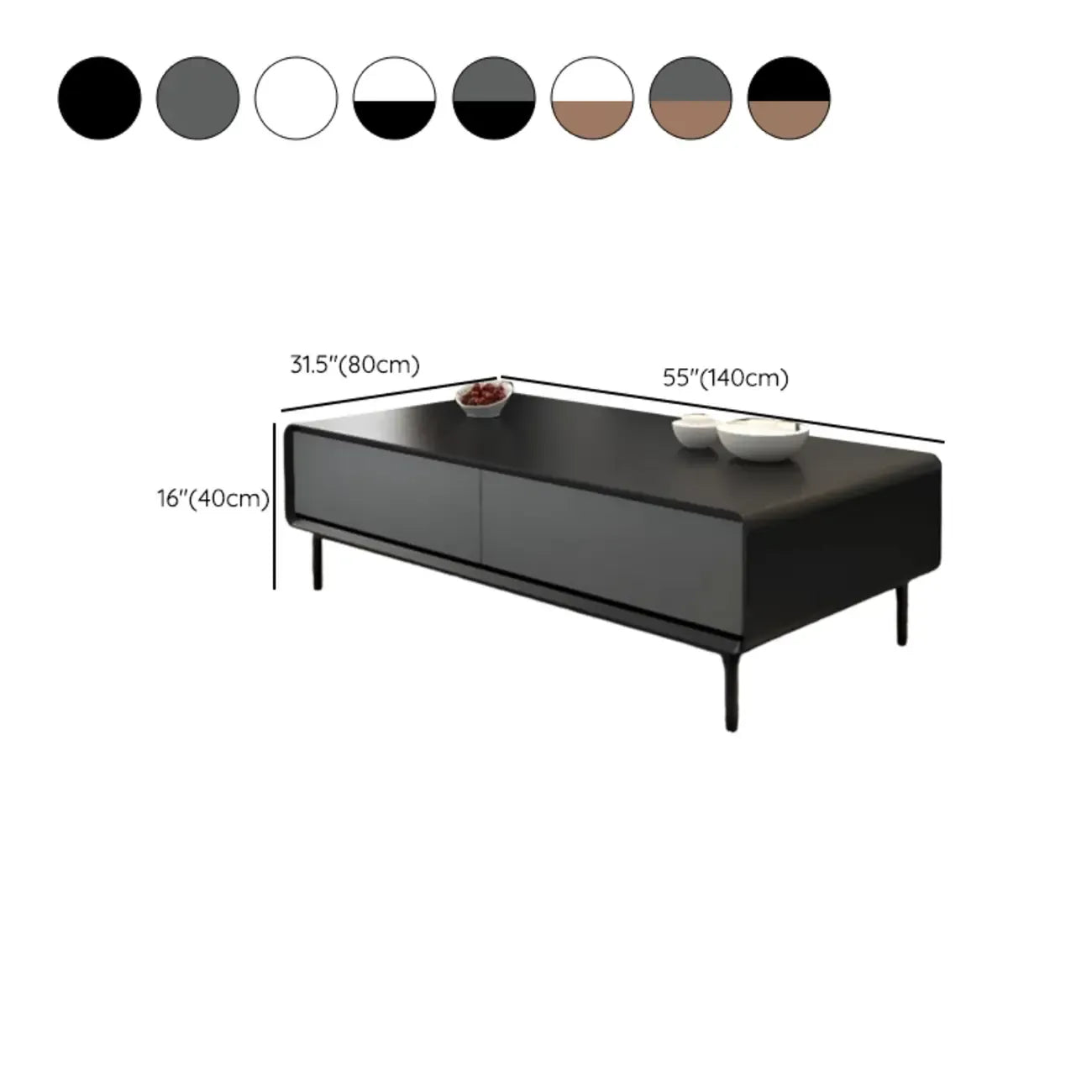 Modern Minimalist Wood Black Coffee Table with Drawers & Legs