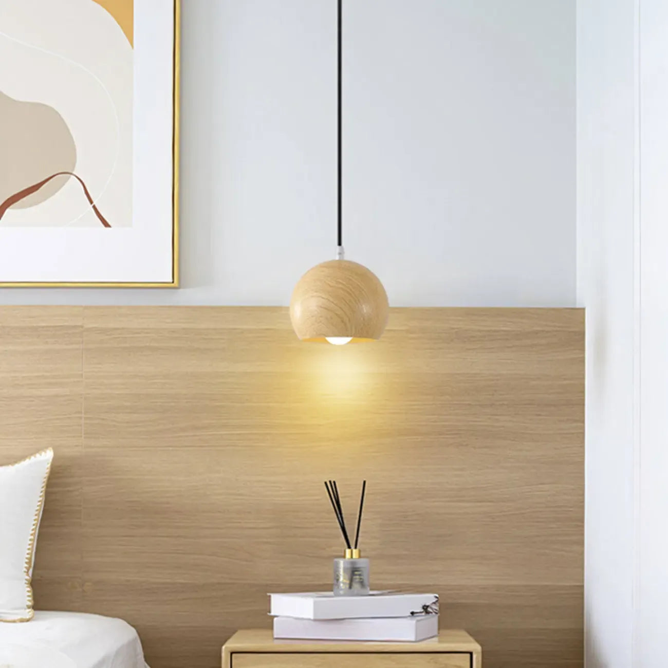 Minimalist Mini Wood Globe Pendant Light for Bedside