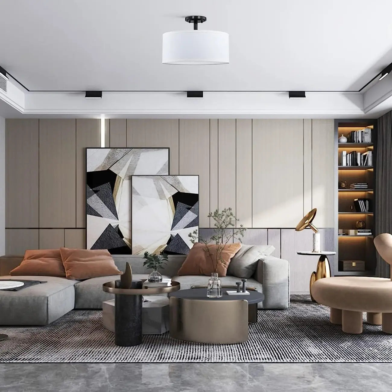 Cylinder Fabric LED Semi Flush Ceiling Light for Living Room