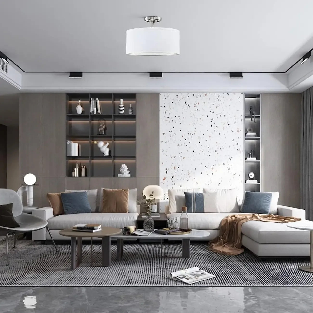 Cylinder Fabric LED Semi Flush Ceiling Light for Living Room