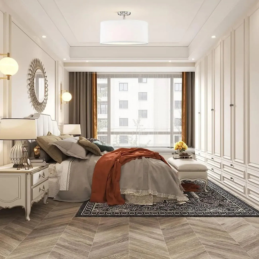 Cylinder Fabric LED Semi Flush Ceiling Light for Living Room