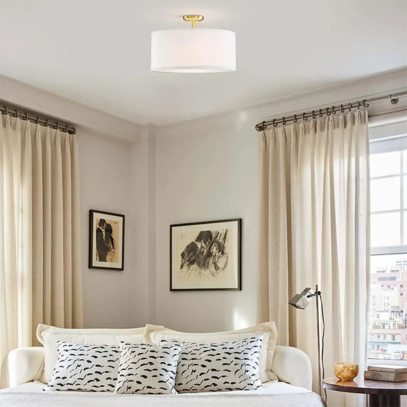 Cylinder Fabric LED Semi Flush Ceiling Light for Living Room