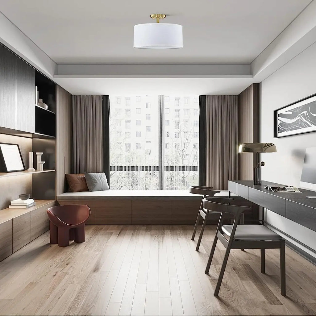 Cylinder Fabric LED Semi Flush Ceiling Light for Living Room