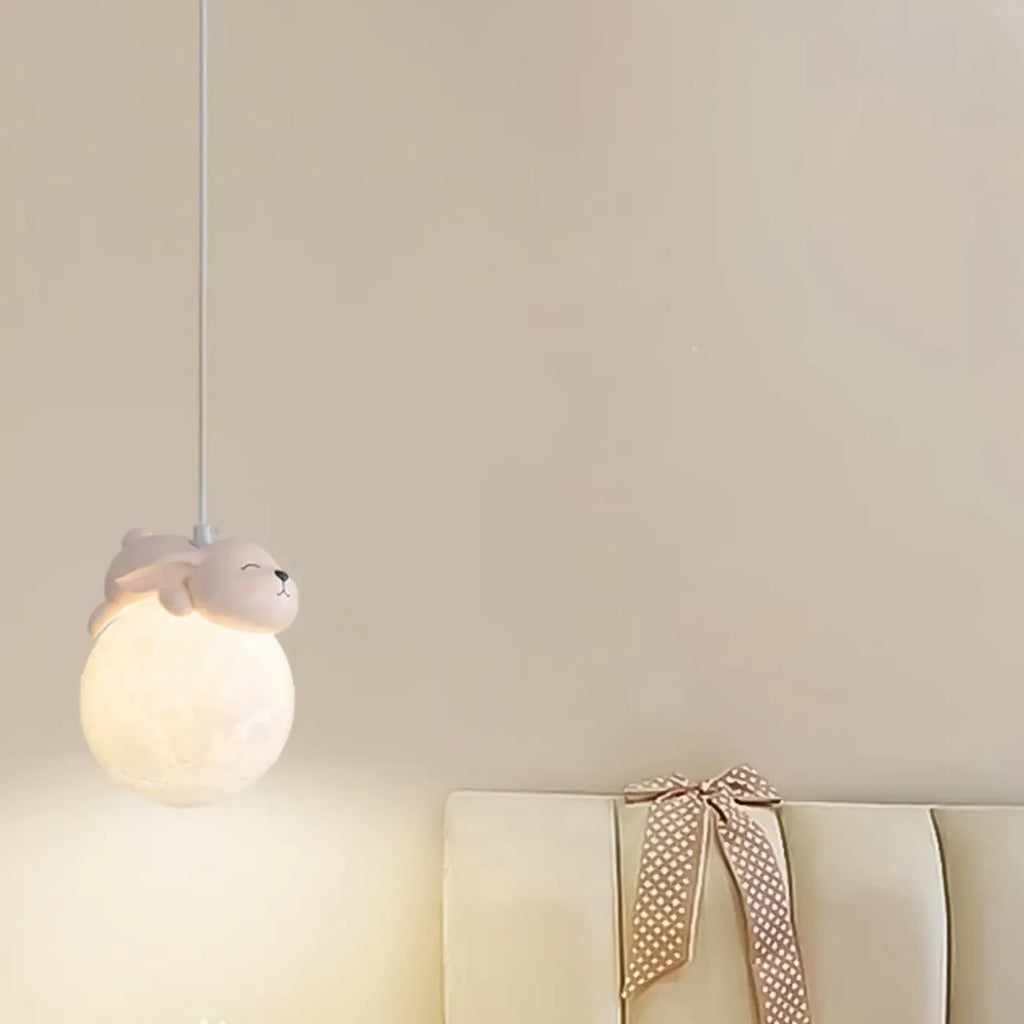 Kids Dimmable 3D Moon Pendant Light with Rabbit for Bedroom