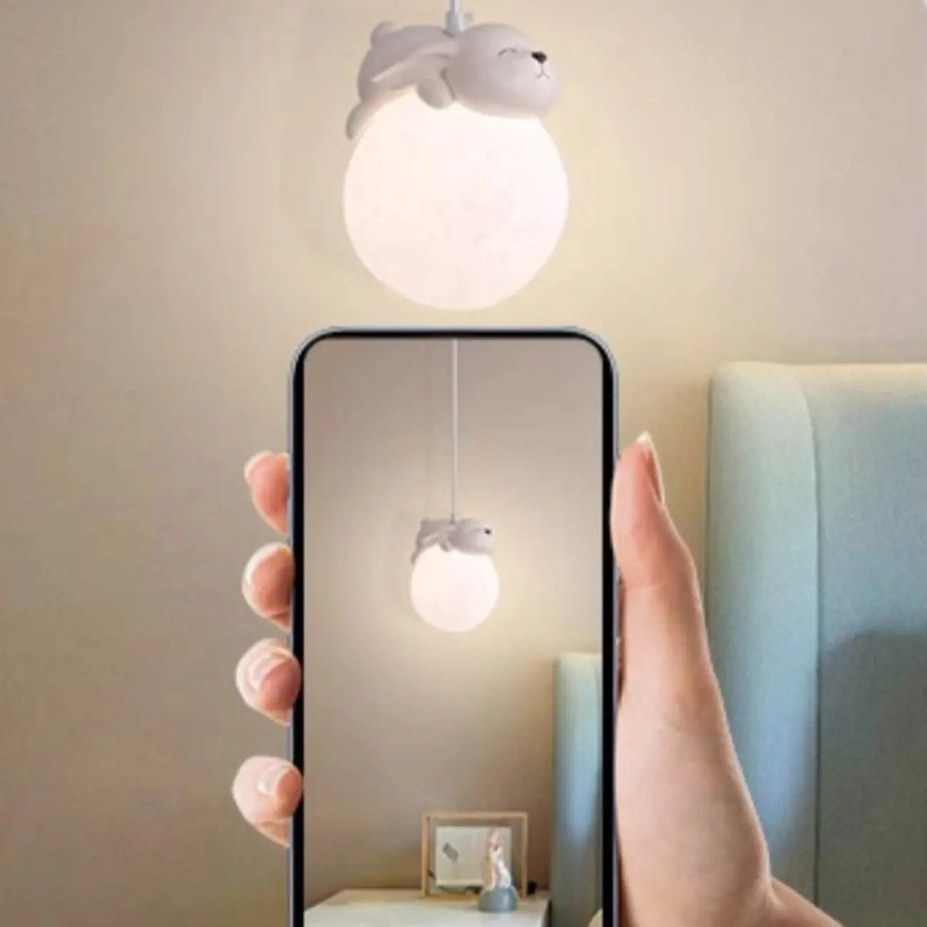 Kids Dimmable 3D Moon Pendant Light with Rabbit for Bedroom