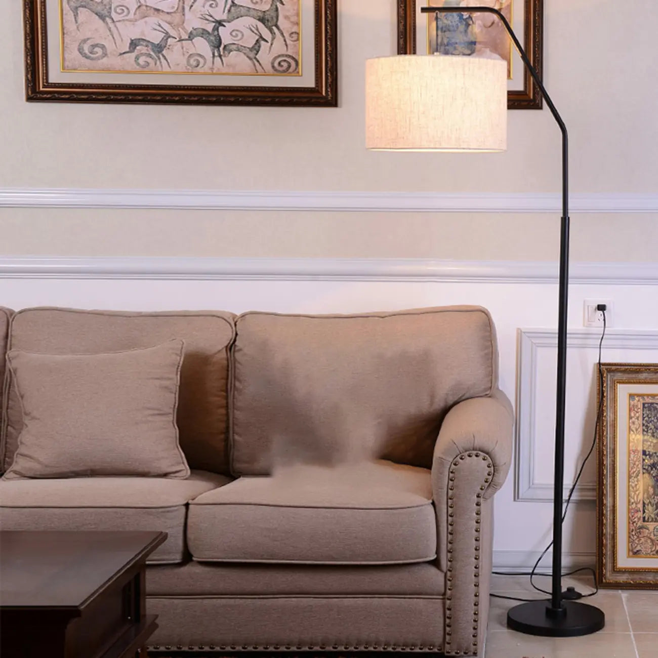 Black Traditional Floor Lamp with White Pleated Fabric Shade