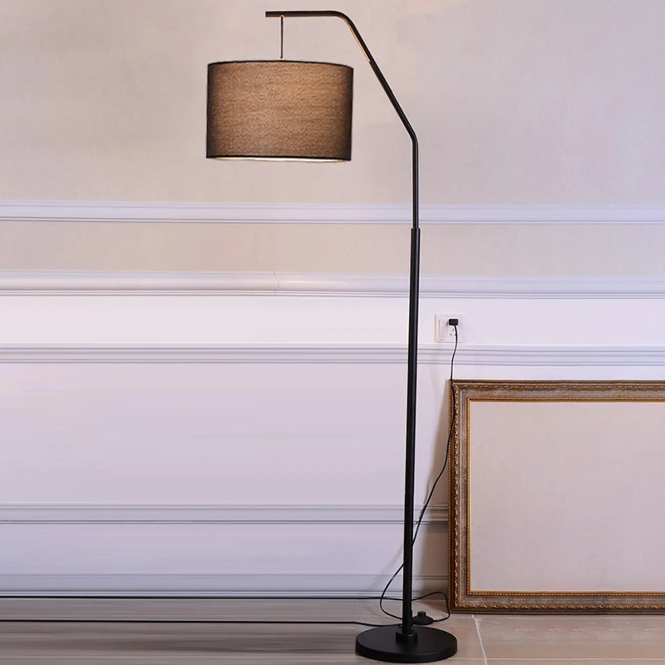 Black Traditional Floor Lamp with White Pleated Fabric Shade