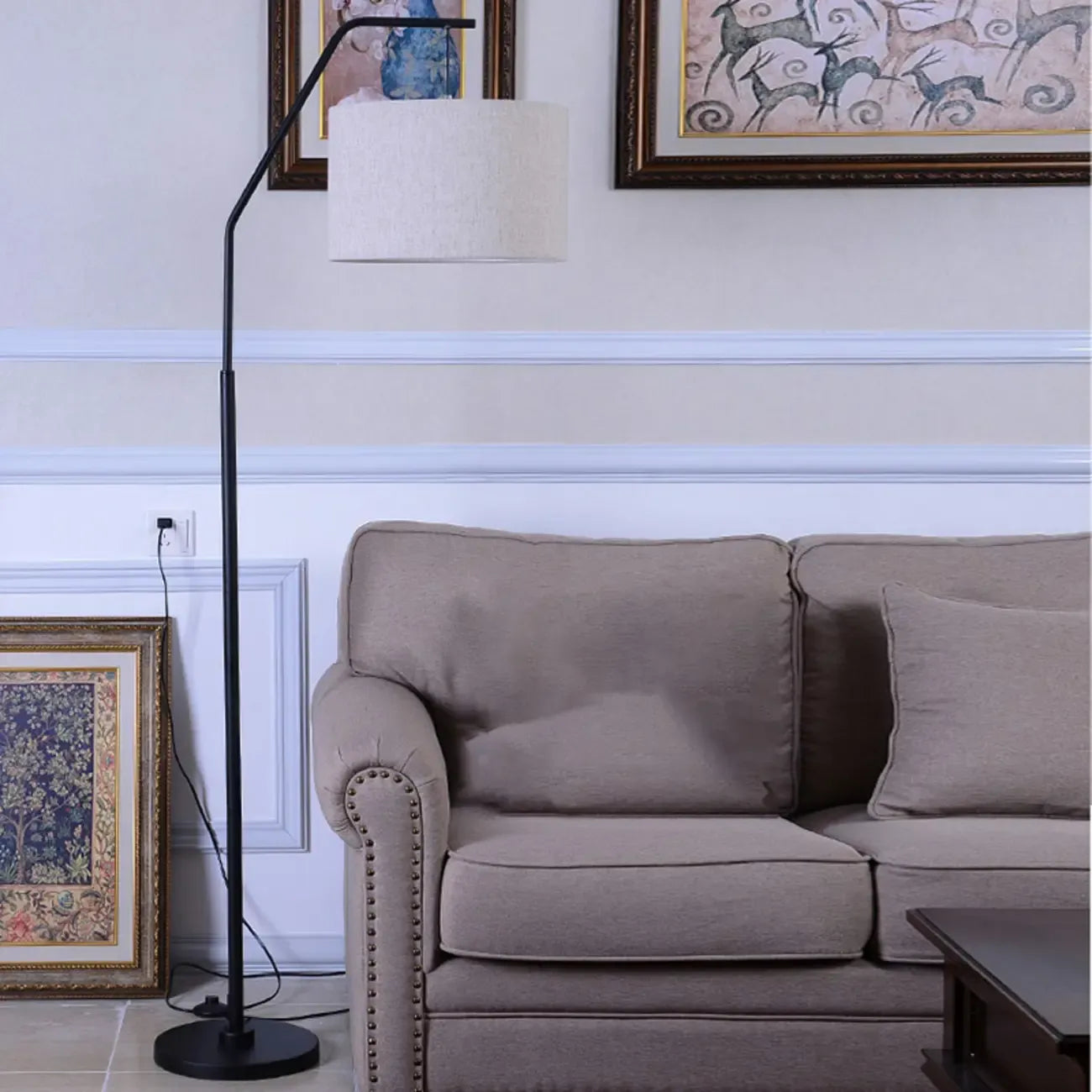 Black Traditional Floor Lamp with White Pleated Fabric Shade