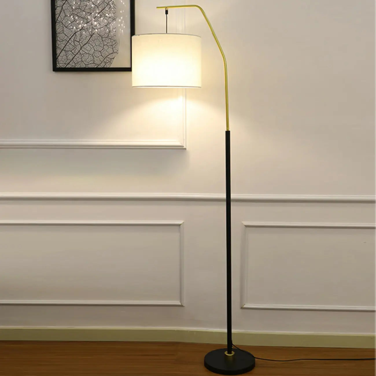Black Traditional Floor Lamp with White Pleated Fabric Shade