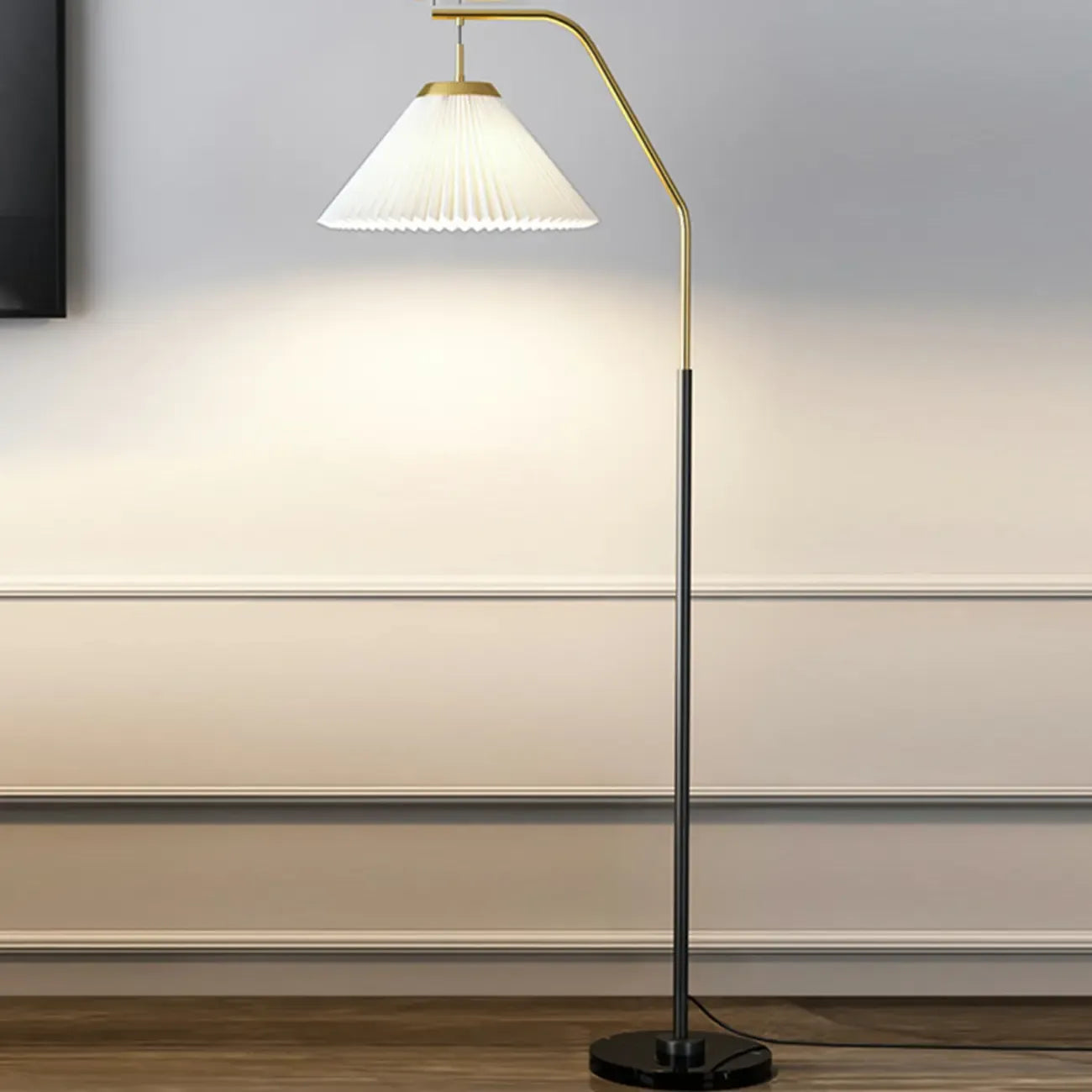 Black Traditional Floor Lamp with White Pleated Fabric Shade