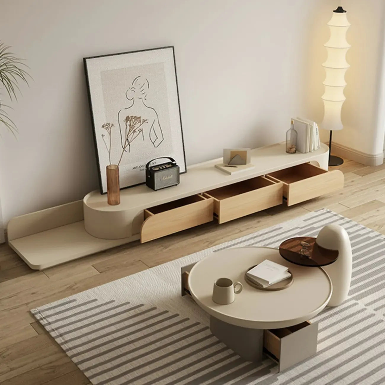 Minimalist White Wooden TV Stand with Storage for Living Room