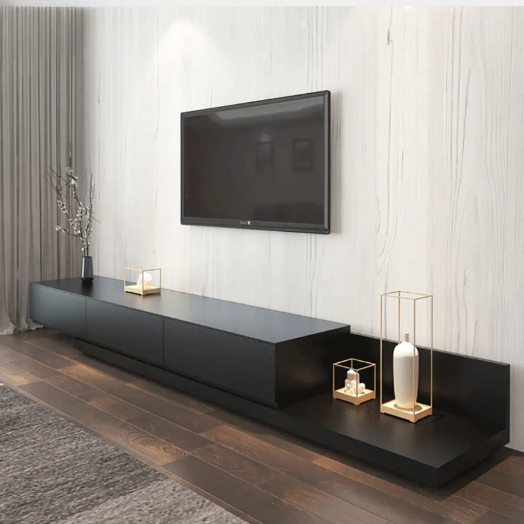Living Room Wood Side Shelf  Black Rectangular TV Stand
