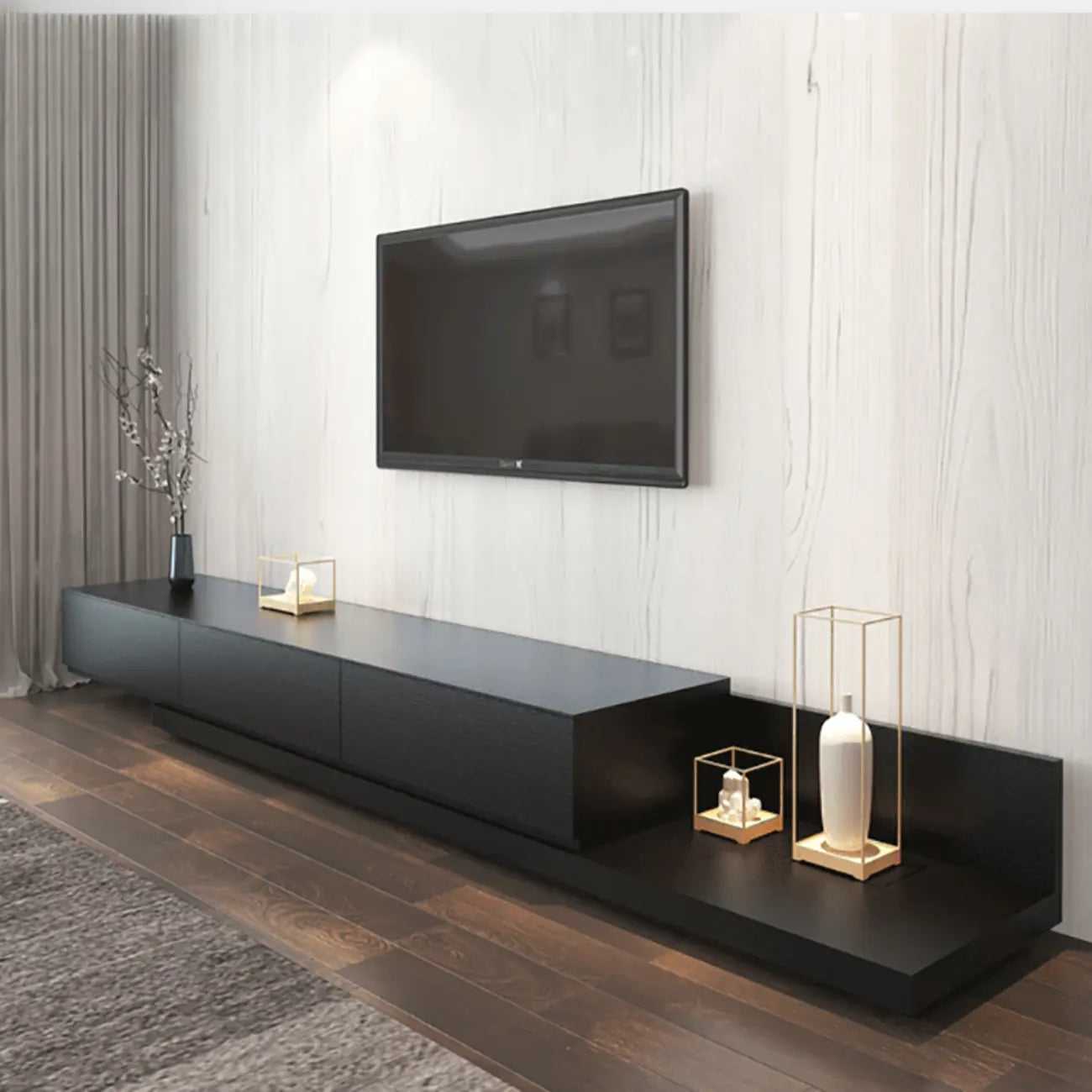 Living Room Wood Side Shelf  Black Rectangular TV Stand