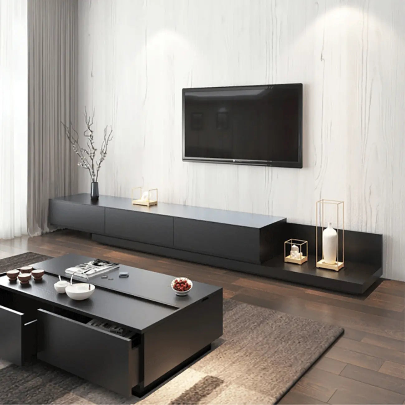 Living Room Wood Side Shelf  Black Rectangular TV Stand