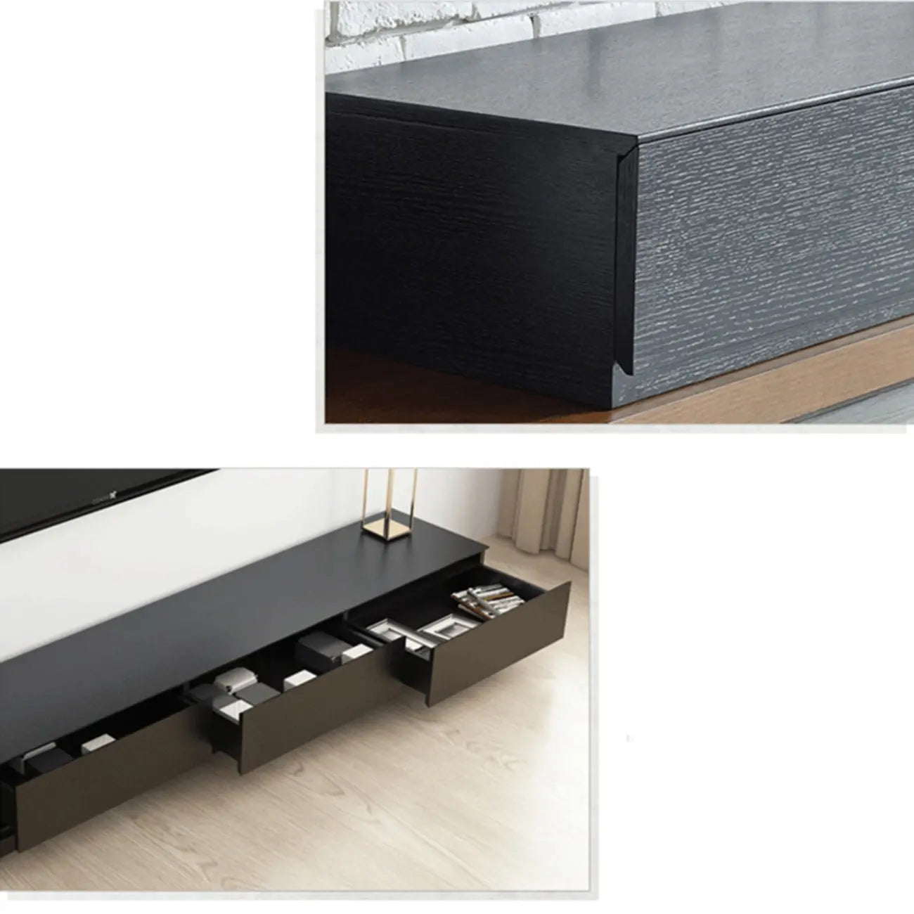 Living Room Wood Side Shelf  Black Rectangular TV Stand