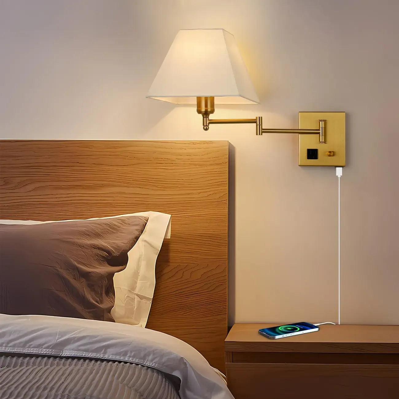 Elegant Swing Arm Wall Sconce with USB for Bedside Use