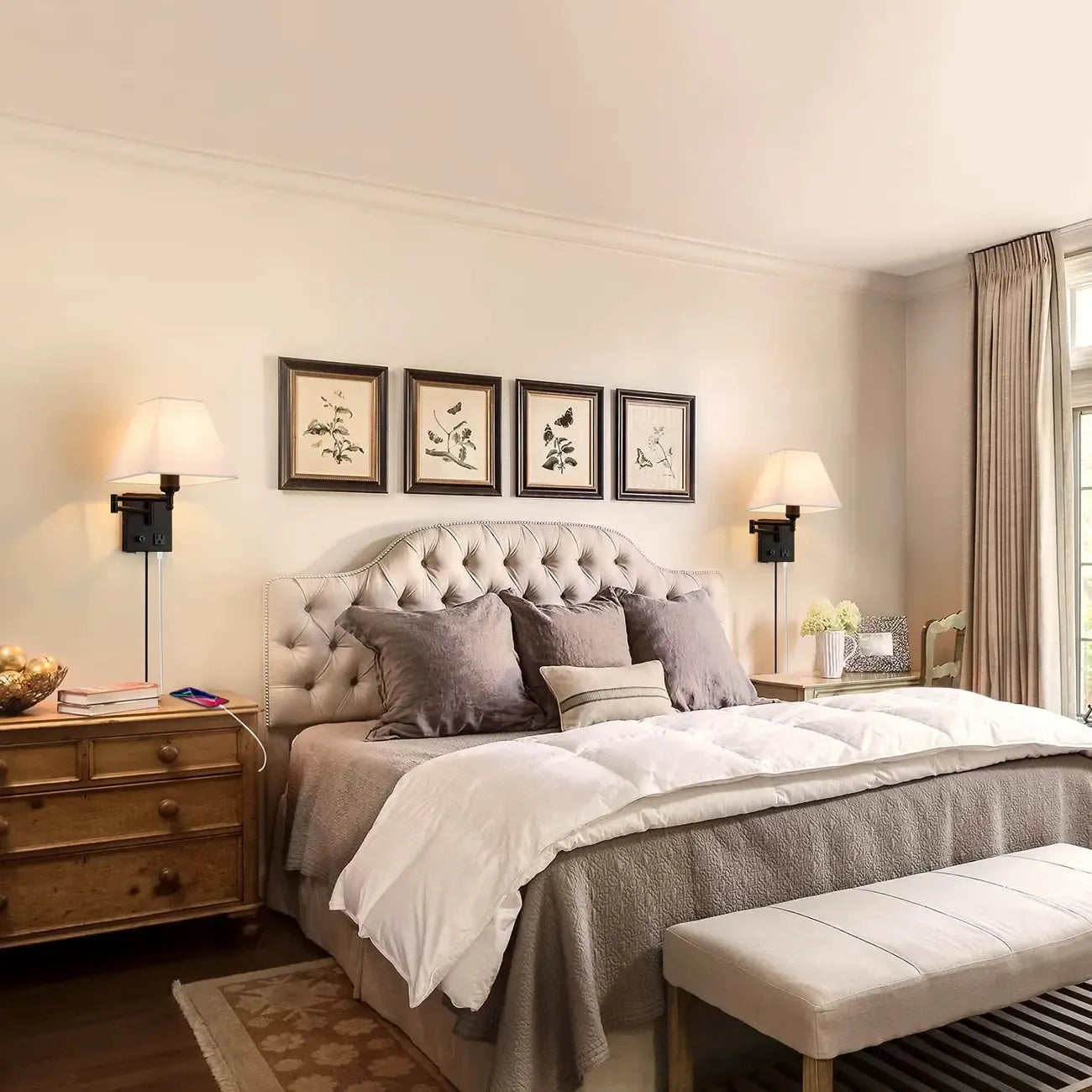 Elegant Swing Arm Wall Sconce with USB for Bedside Use