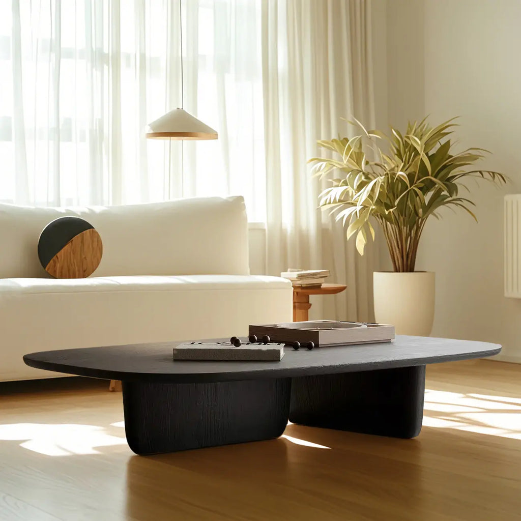 14 in Modern Black Oval Coffee Table with Double Pedestal