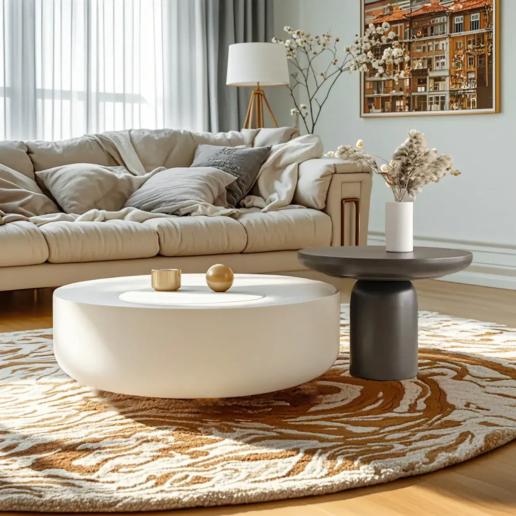 Modern White Stone Round Coffee Table with Storage
