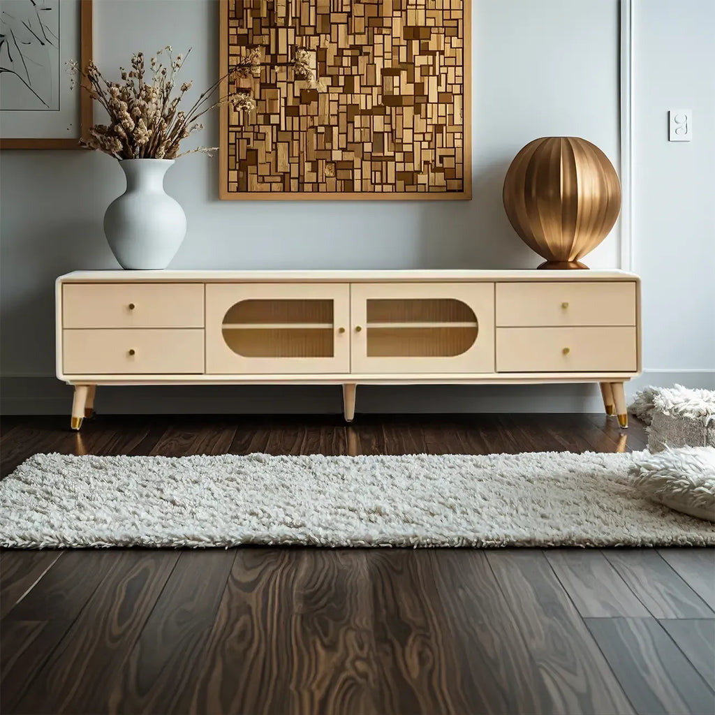 63 Contemporary White Pine Wood TV Stand with 4 Drawers