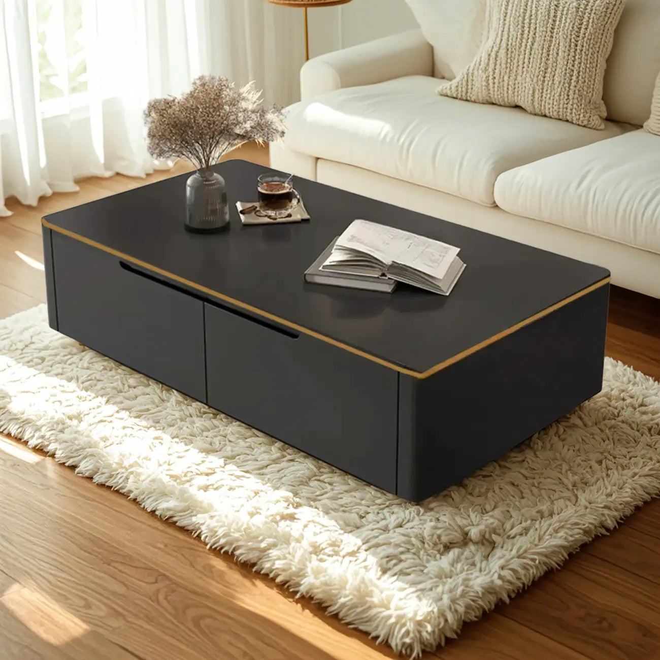 1 Tier Minimalistic Black Coffee Table with 4-Drawer