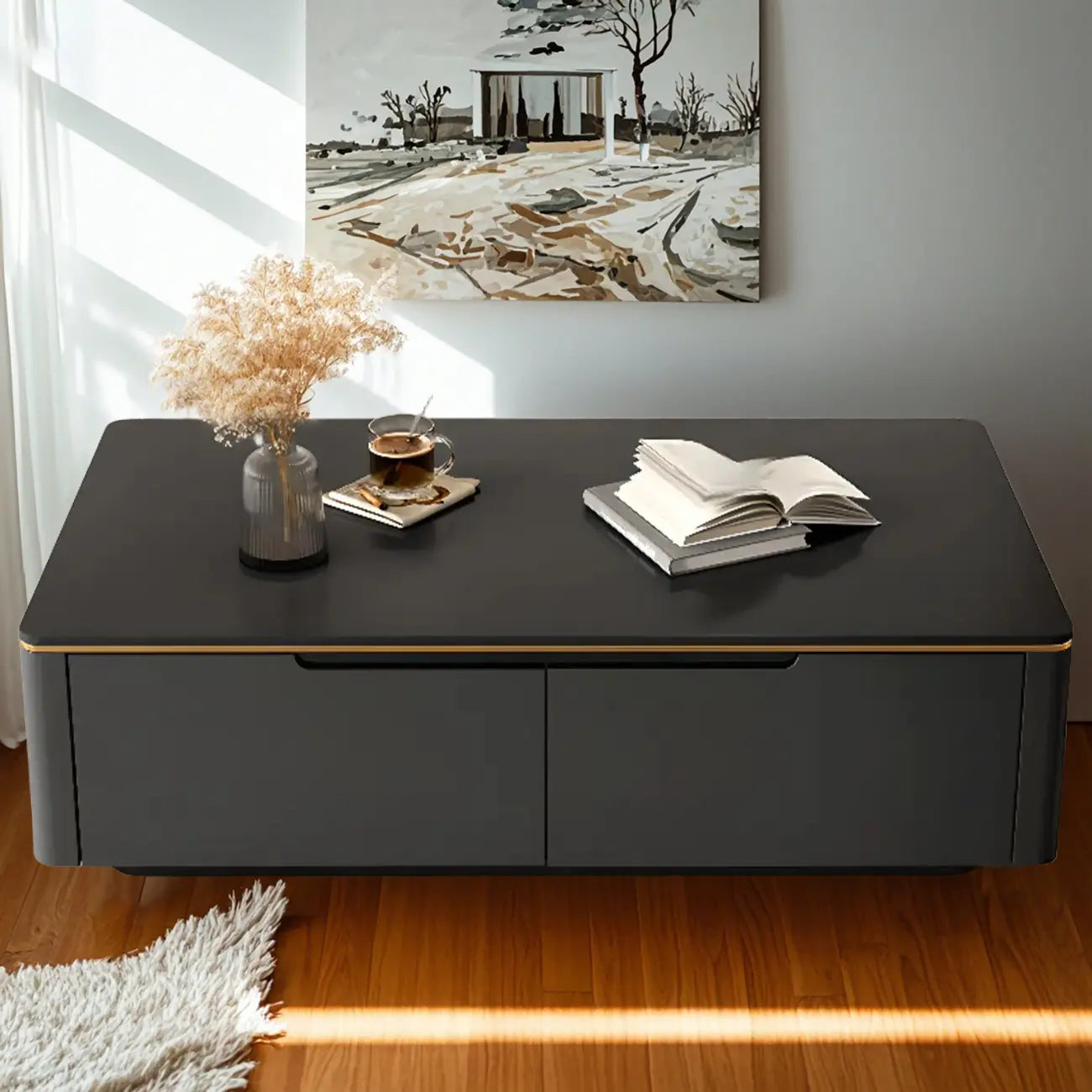 1 Tier Minimalistic Black Coffee Table with 4-Drawer